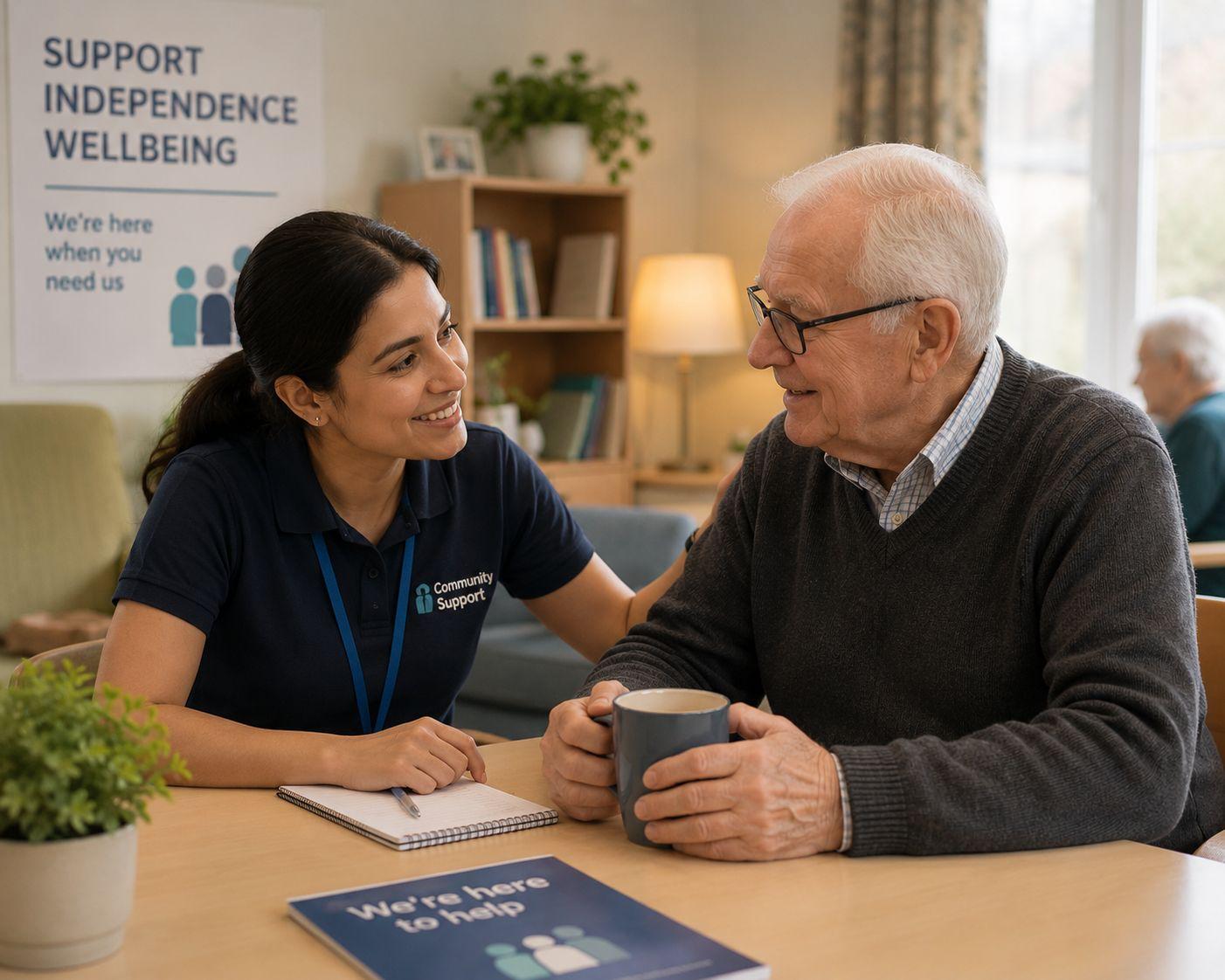 Care worker sitting with elderly client, sharing a warm conversation