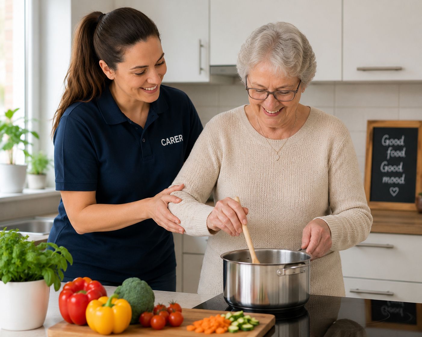 Carer and client cooking together in a bright home kitchen